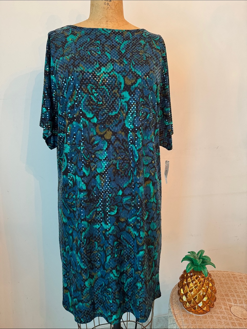 Aa Studio Blue-Green Floral Midi Shift Dress